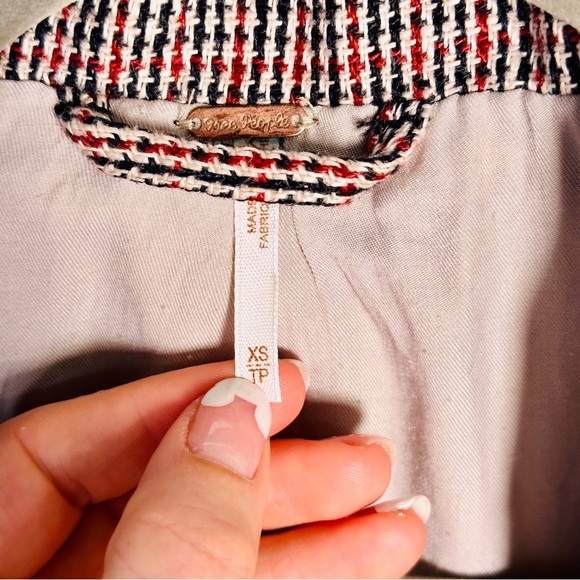 Free People Linen Plaid Tweed Blazer Academia Quiet Luxury Preppy XS Red Navy - Picture 6 of 12